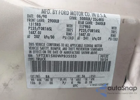 1998 Ford Ranger Splash/Xl/Xlt from USA, damaged, VIN 1FTZR15X0WPB35553